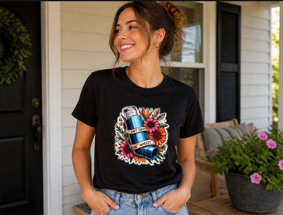 Floral Inhaler Graphic Tee - "It Ain't Easy Bein' Wheezy" Humor Shirt