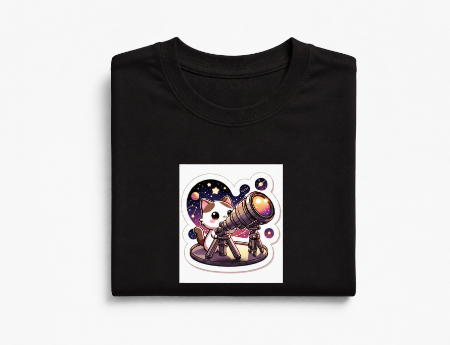 Cute Cat Telescope Space Graphic T-Shirt - Kawaii Astronomy Tee