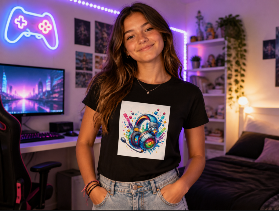 Retro Gaming Headset T-Shirt - Colorful Music Beats Graphic Tee