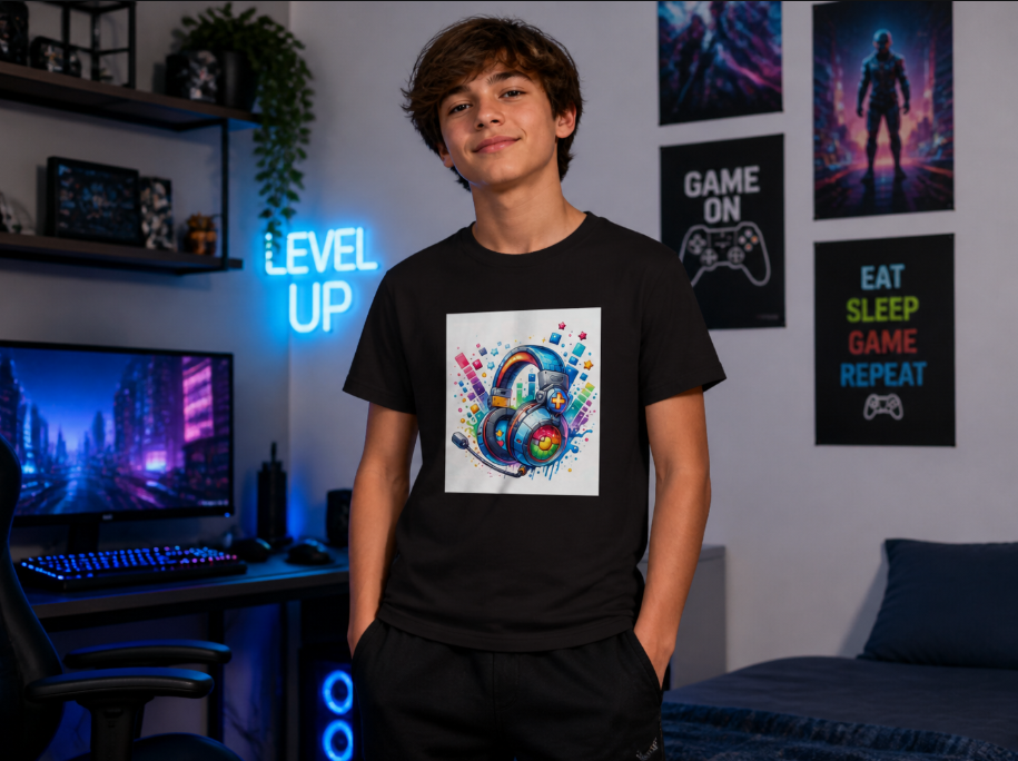 Retro Gaming Headset T-Shirt - Colorful Music Beats Graphic Tee