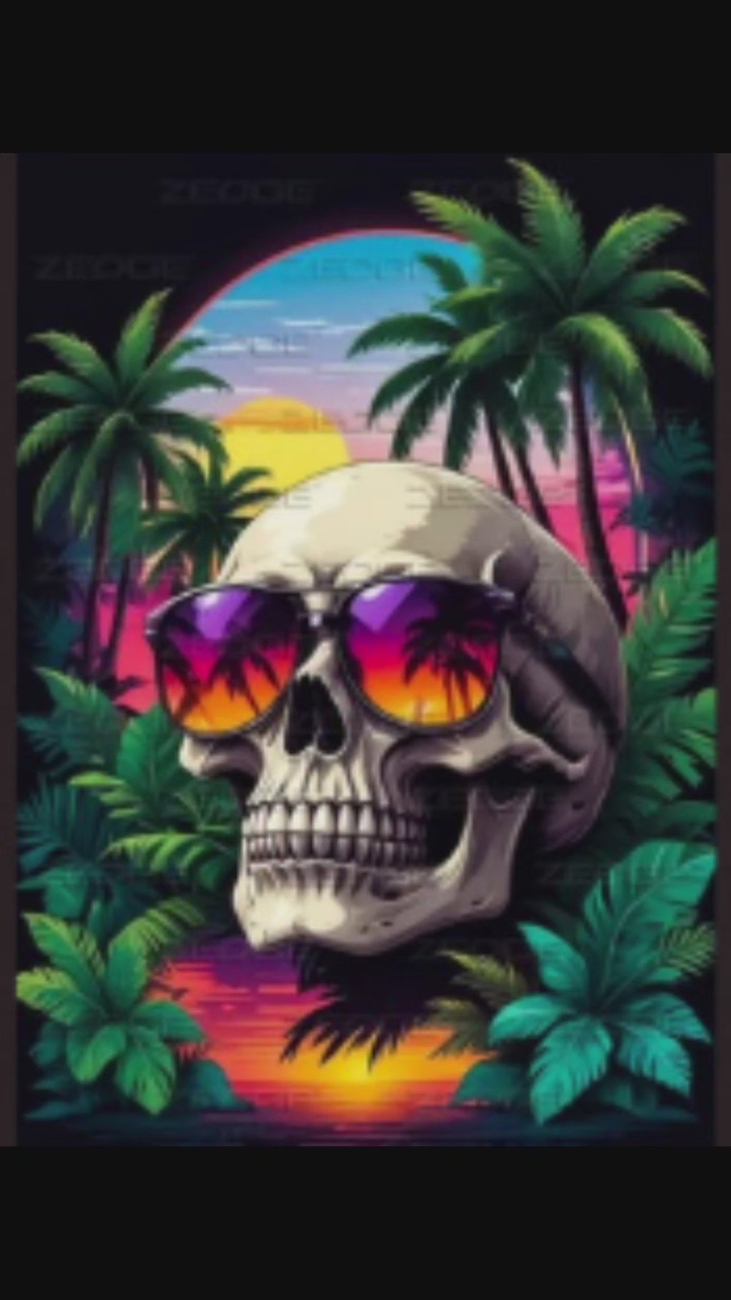 Tropical Skull Graphic T-Shirt - Vaporwave Summer Sunset Tee - Retro Palm Tree Shirt